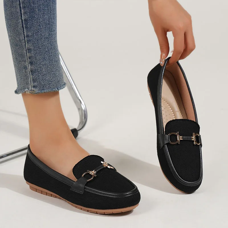 Spring Summer Flats Women Shoes Soft Sole Comfortable Fabric Slip-On Casual Shoes Fashion Metal Buckle Loafers Women Work Shoes