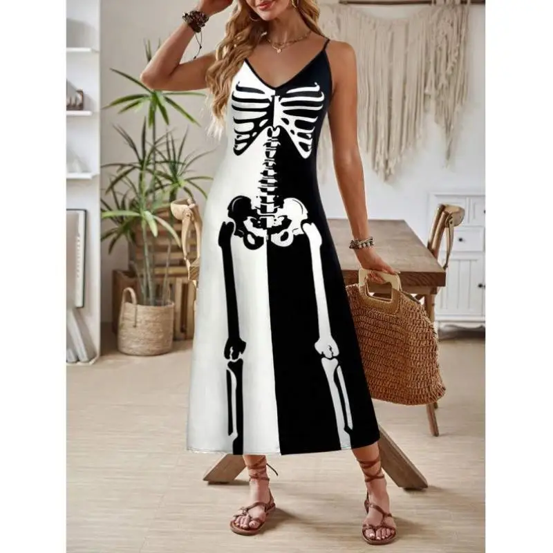 

Women's Svel V-Ne Skeleton Print Dr Thin Strap 8623 Sle Casual Sport Suit Autumn Season Seven-Quarter Sve