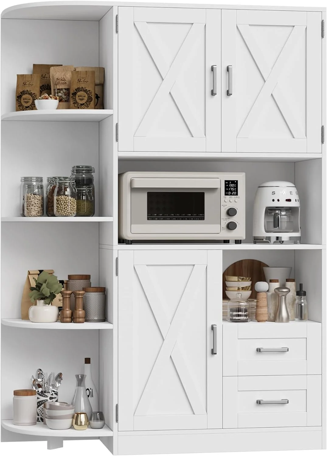 

Kitchen Pantry Storage Cabinet, Freestanding Doors & Shelves, Buffet Sideboard with Coffee Bar with Drawers for Dining Room