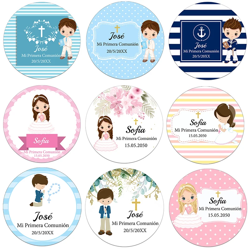 3.5cm/4.5cm My First Communion Sticker Boy Girl Mi Primera Comunión Favors Labels Christening & Baptism Stickers