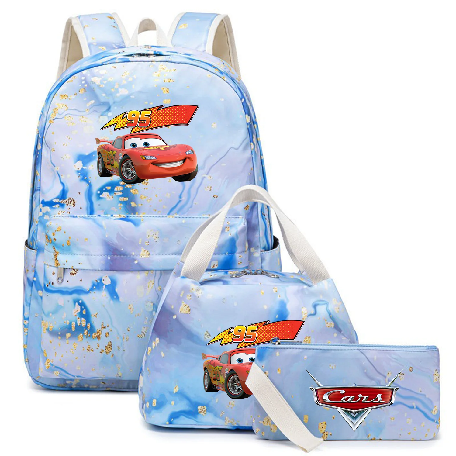 3Pcs Pixar Cars McQueen Kids Backpack Capacity Student Schoolbags Boys Girls Pen Lunch Bags Bookbag Laptop Sets