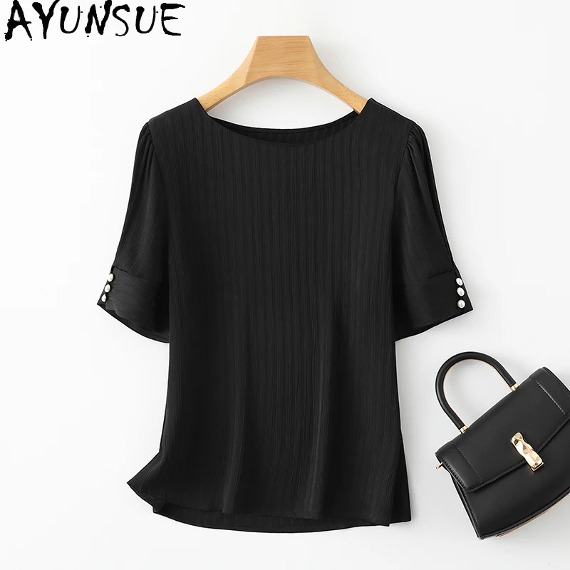 AYUNSUE 92% Real Mulberry Silk Women's T-shirts New Short Sleeved T Shirt Women 2024 Summer Woman Clothes Loose Top Топ Женский