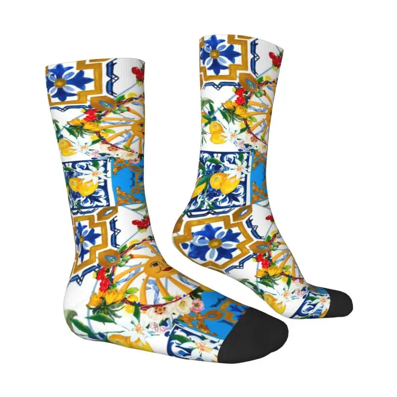 Custom Fashion Sicilian Tiles Lemons Citrus Mediterranean Style Socks Men Women Warm 3D Print Sports Football Socks