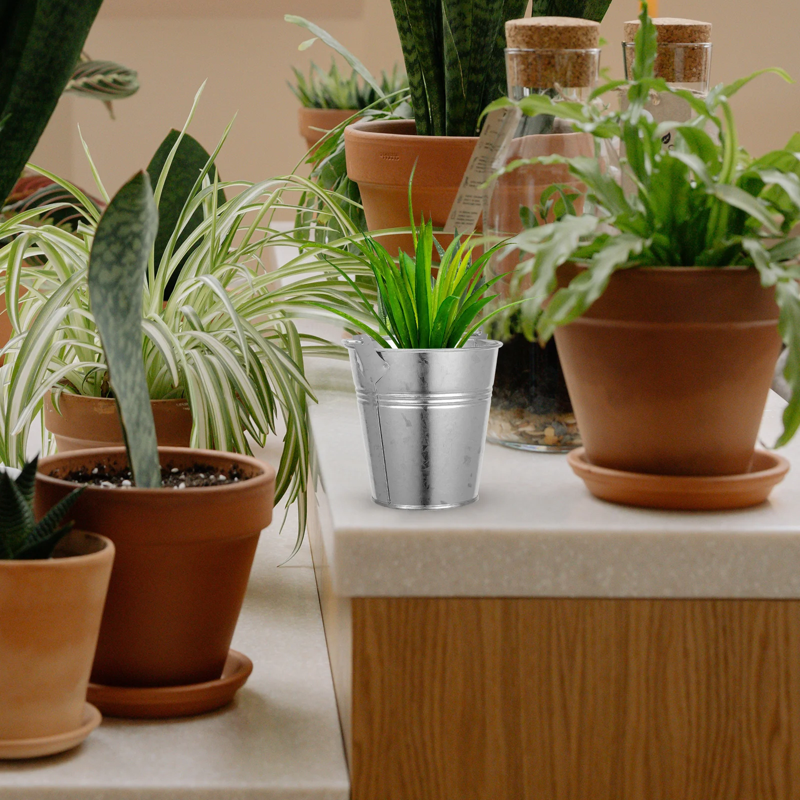 

Compact Metal Bucket Mini Iron Flower Pot Versatile Storage Sleek Finish Home Garden Decor Stable Design Modern Elegance