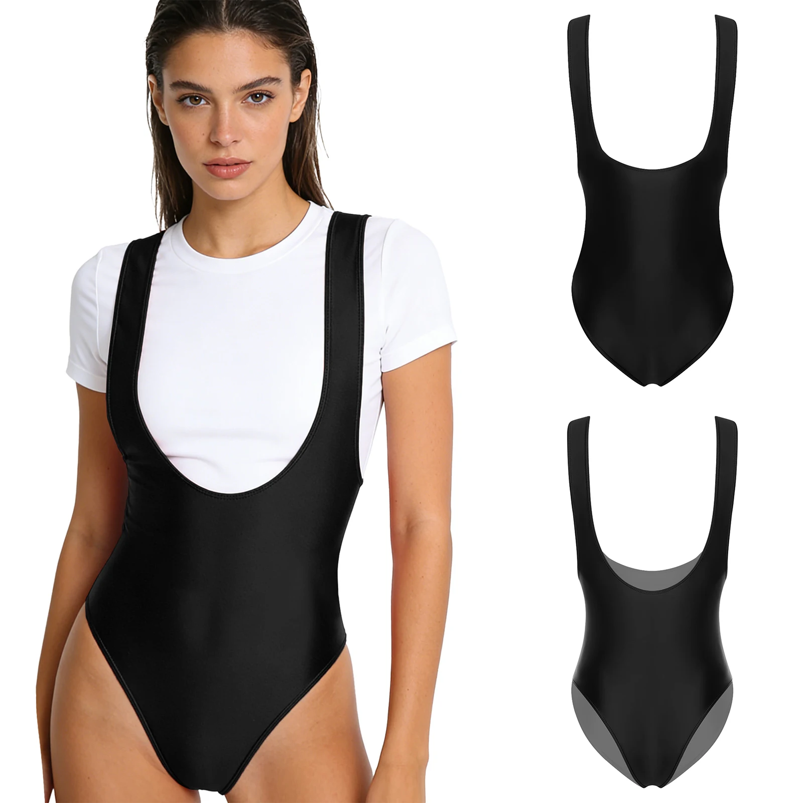 

Women Adults One-piece Glossy Low Neck Bodysuits Sexy High Cut Suspender Swimsuits Bathing Suit for Yoga Gym Workout Swimming