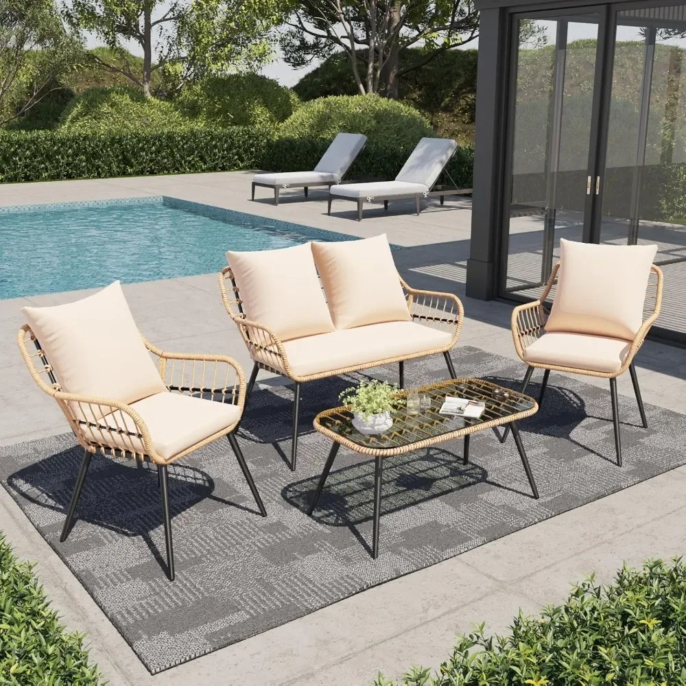 4 Pieces Patio Furniture Set, Outdoor Wicker Patio Conversation Set for Porch Deck, Boho Loveseat & 2 Armchairs with Cushion and