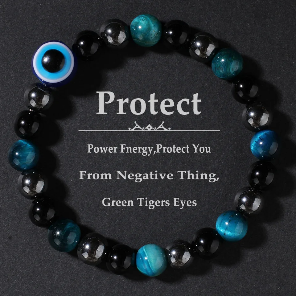 Triple Protection Bracele Blue Tigers Eye Black Bile Obsidian Evil Eye Beaded Bracelet Handmade Stretch Beaded Bracelets
