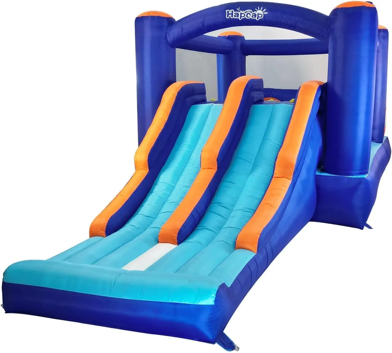 منزل ترتد قابل للنفخ للأطفال - 2 شرائح سباق، منطقة قفز واسعة، أنفاق وجدران التسلق مع منفاخ للعب في الهواء الطلق