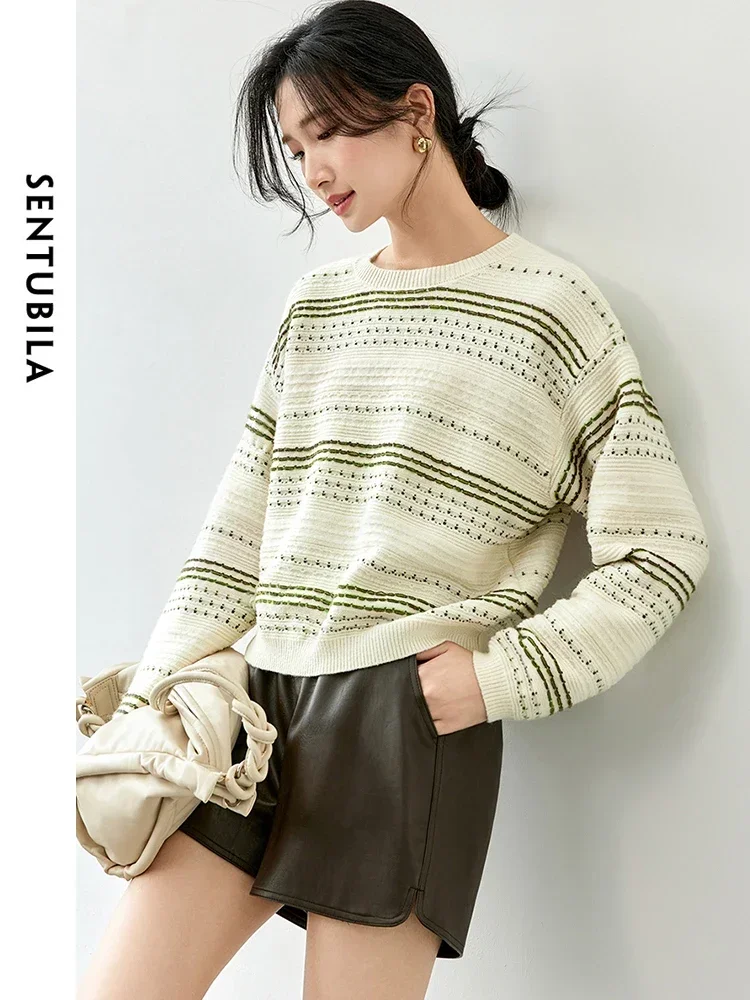 SENTUBILA Women Wool Knitted Striped Pullovers   2024 Autumn Bright Line O Neck Drop Sleeve Simple Cont Tops W43E56352