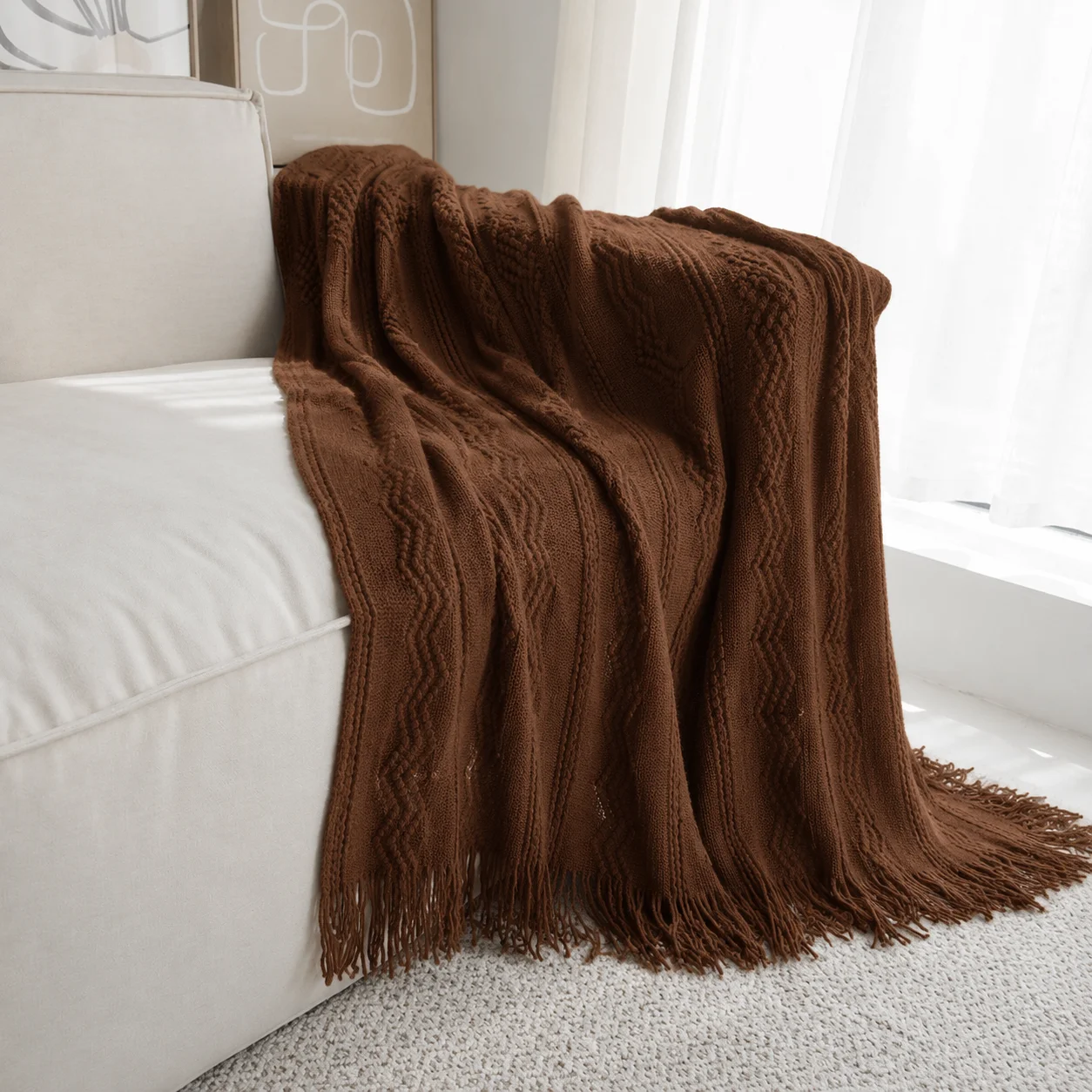 Dark Brown Wavy Chevron Textured Knit Throw Blanket with Tassel Fringe, Soft Knitted Decorative Blanket, Lightweight Cozy Cover for Couch Sofa Bed, Boho Farmhouse Home Decor for Living Room Bedroom