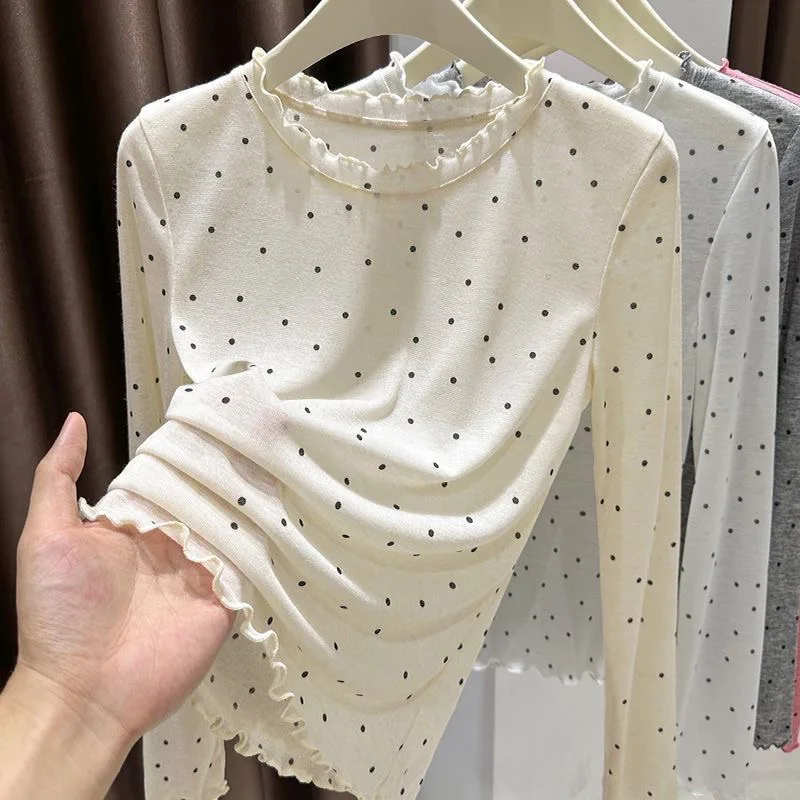 Women Long Sleeve Polka Dot Sheer Top Ruffle Edge Crew Neck Slim Lightweight Summer Sun Protection Base Layer Undershirt