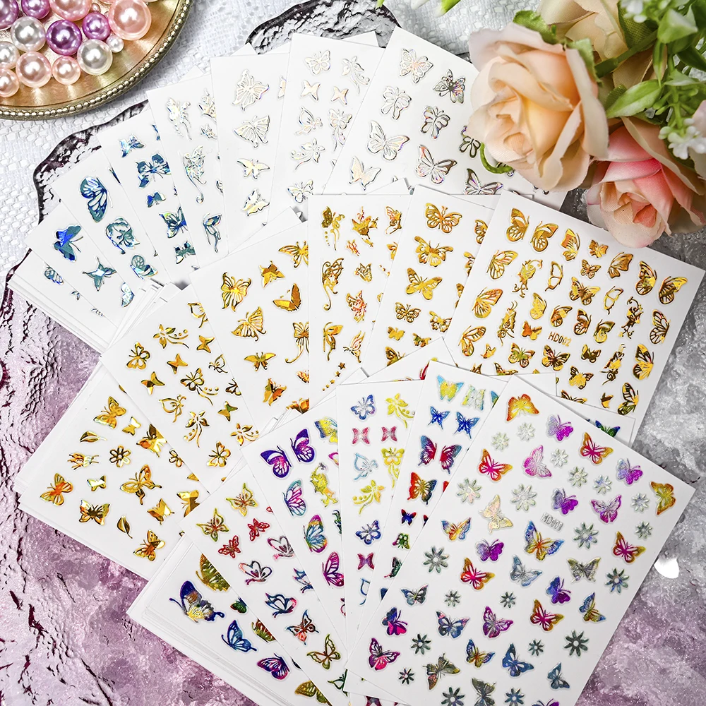 16pcs Holographic 3D Laser Butterfly Nail Art Stickers Set 7*9cm Gold Silver Nail Sliders Self-Adhesive Butterfly Manicure Slide