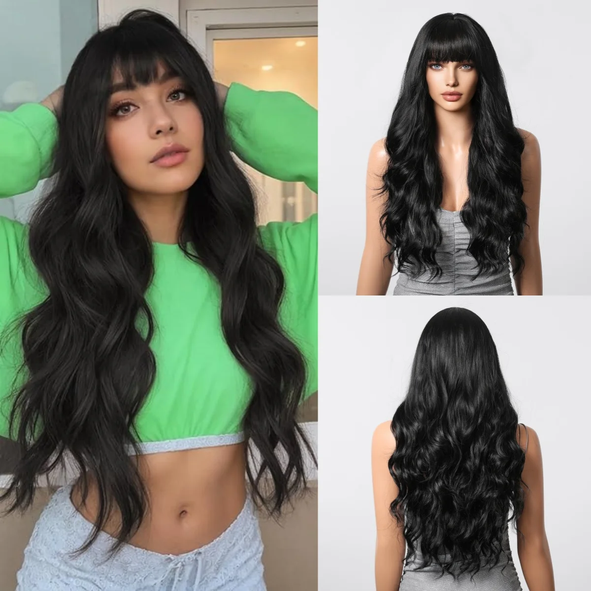 Black Brunette Wigs Long Curly Wavy Synthetic with Bangs Natural Party Daily Wig Hair for White Women Girls Heat Resistant Fiber