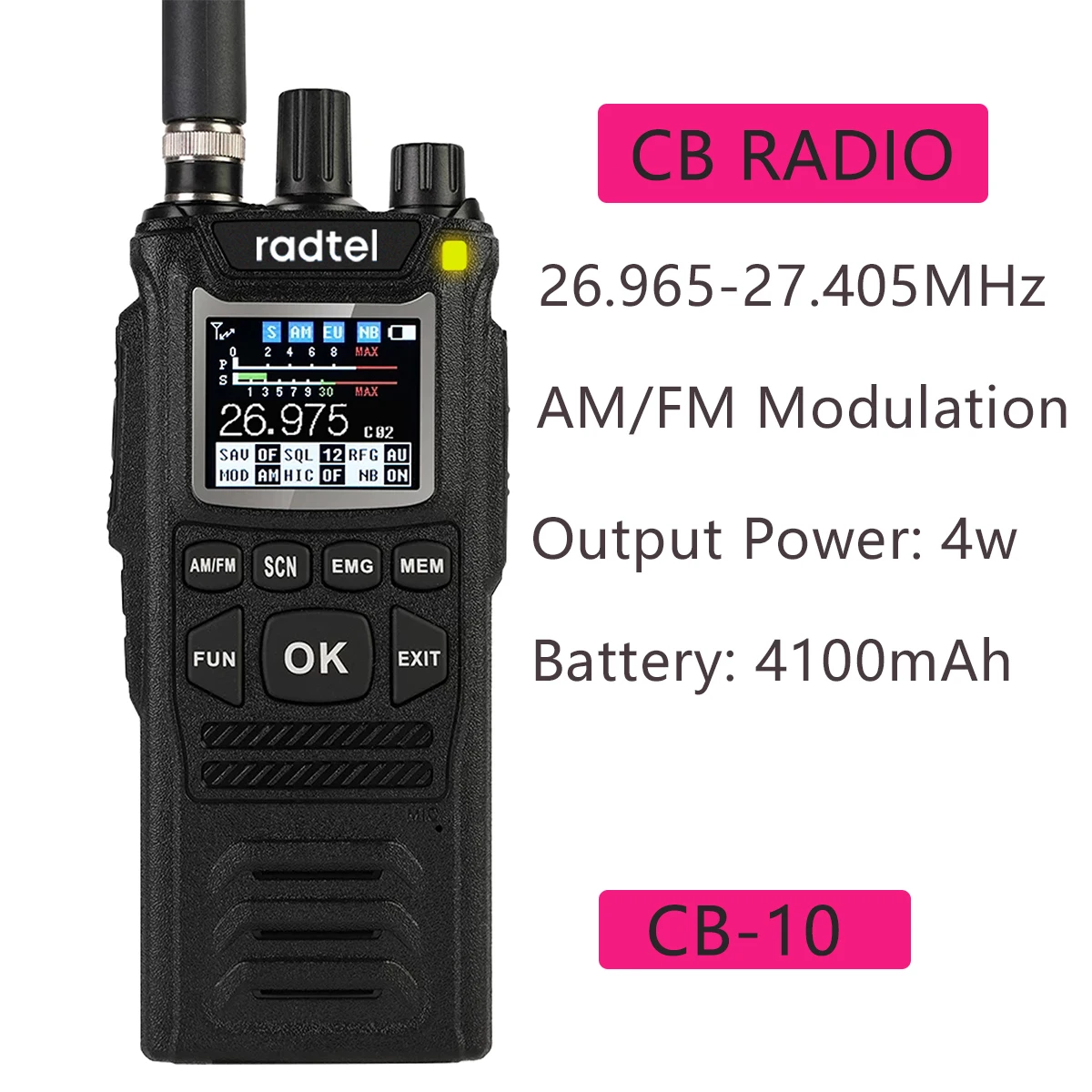 To CB-10 Handheld Walkie Talkie 27MHz CB Radio HAM Transceiver 4W 12V AM/FM CB channels 26-27MHz 4100hAm Battery for truck