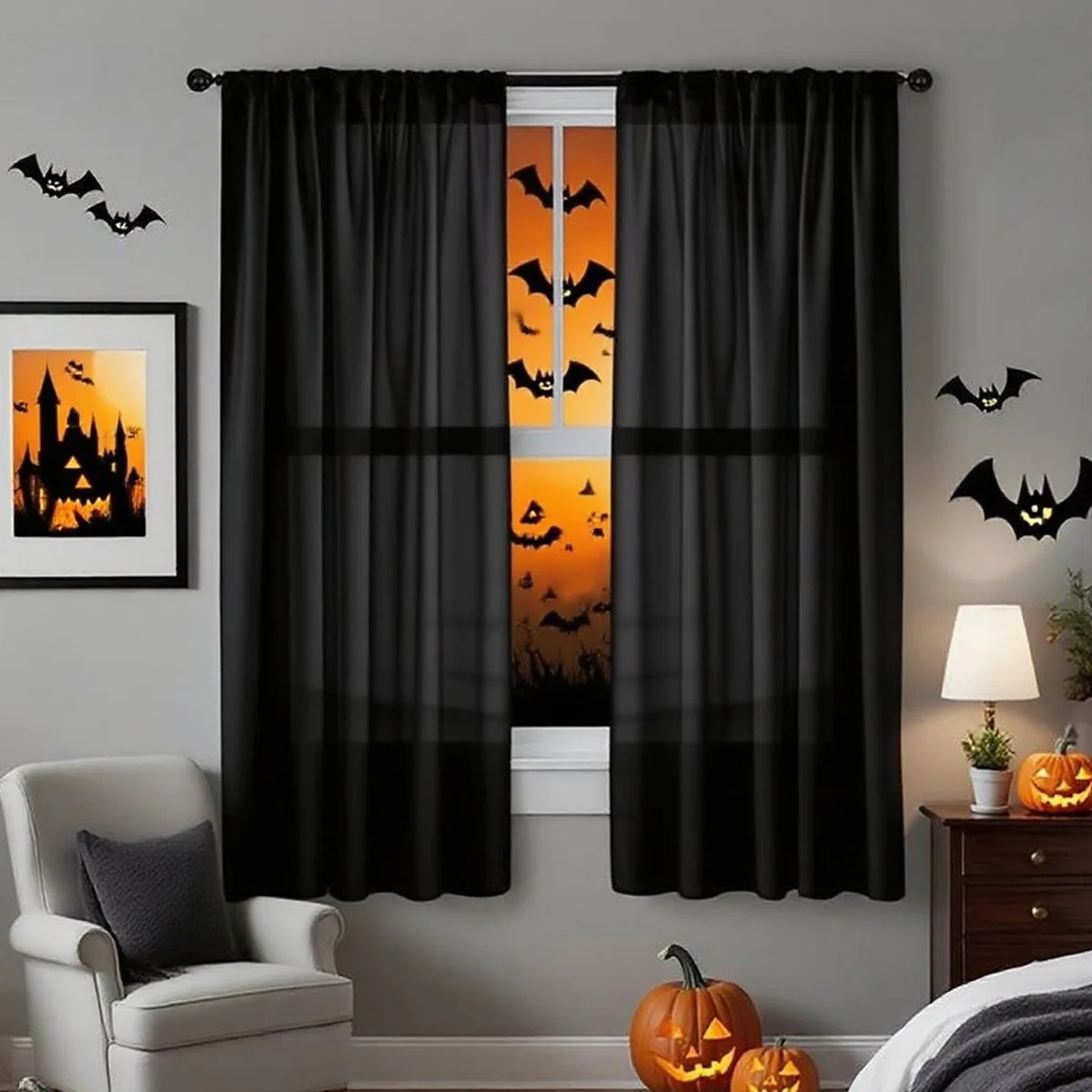 Halloween Ghost Day Holiday Celebration Decoration Orange Black Gauze Threaded Bar Curtain Sheet for Living Room Bedroom Window view 4