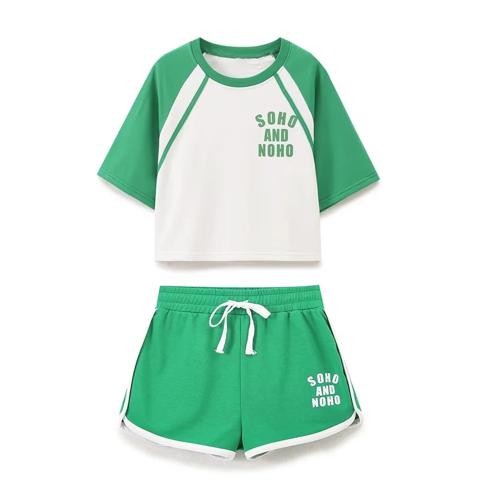 

Летний новый продукт, женская повседневная футболка с круглым вырезом и короткими рукавами, контрастная футболка с буквенным принтом, комплект шорт со средней талией