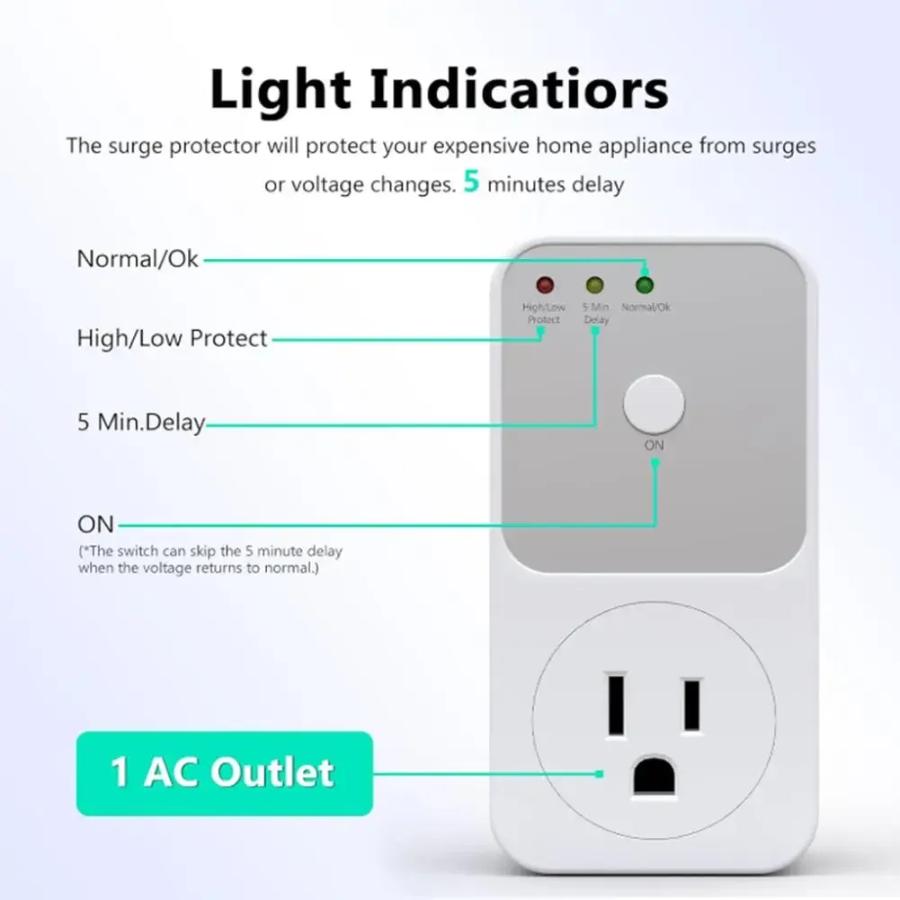 For US Appliance Voltage Protector 15A 1800W With 5-6 Min Delay & Indicator For Fridge TV PC Voltage Guard With 5-6 Minute Delay