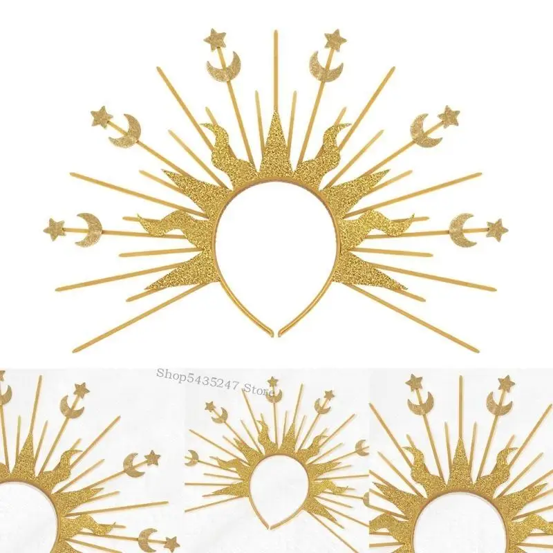 Exaggerated Spiked Headband with Moon Star Tiaras Crown Hairhoop Women Baroque Headwear Crownpiece for Formal Occasion