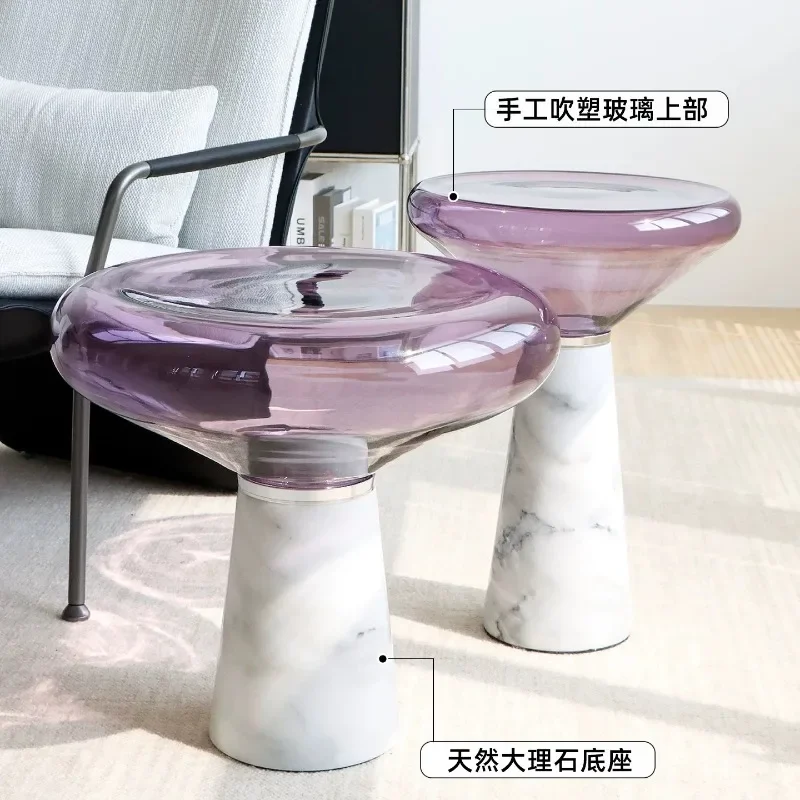 Modern simple marble sofa edge table, movable Italian minimalist creative stained glass coffee table