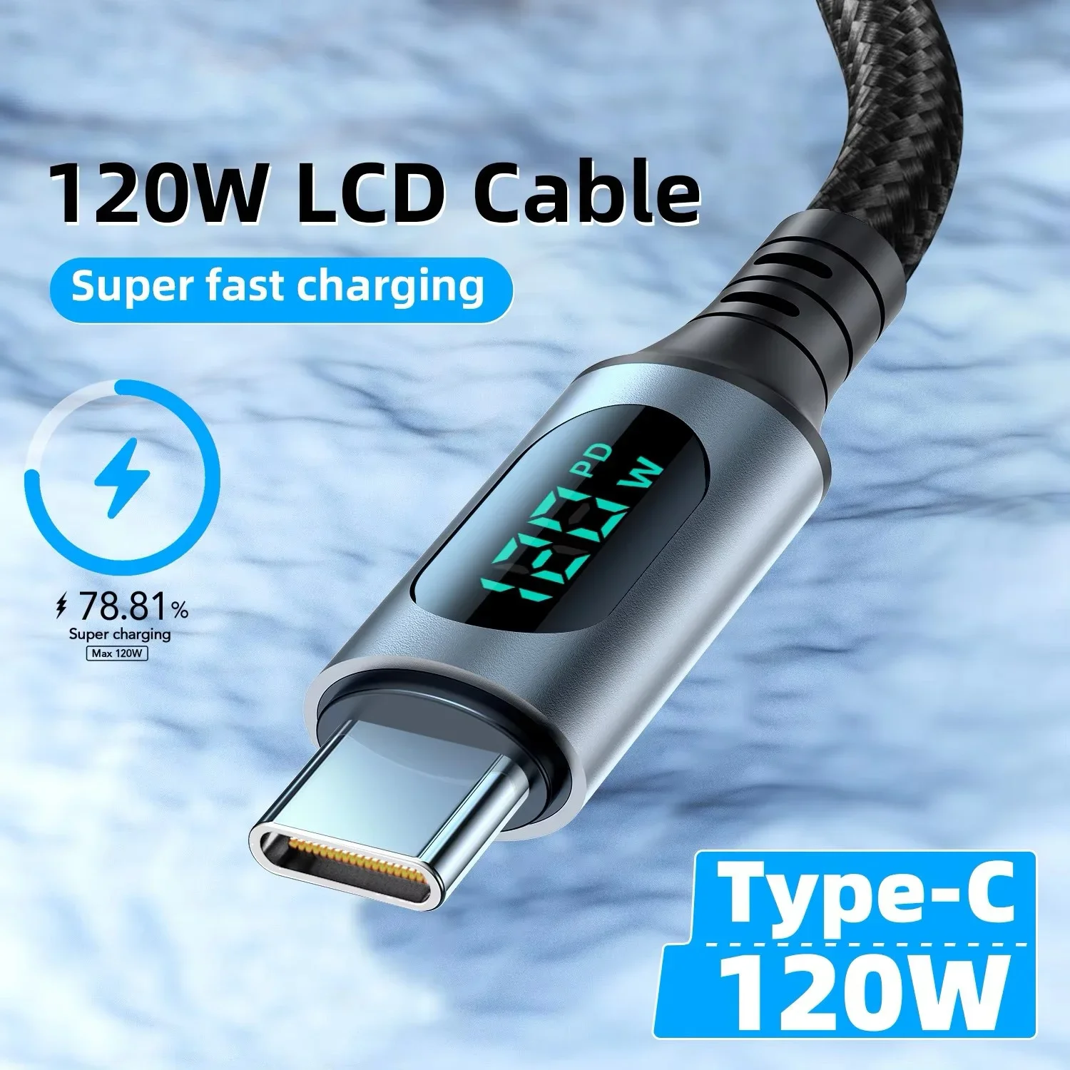 120W Cable 6A Super Fast Charging Cable USB-C Type-C Nylon Braided With LED Digital Display Phone Data Cord For Samsung Xiaomi