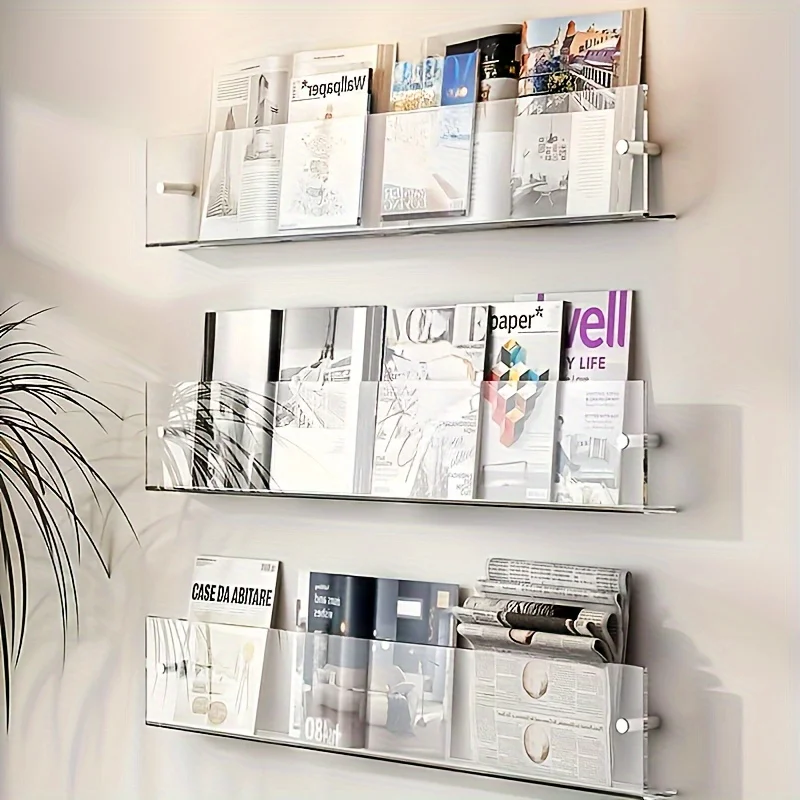 Stylish Acrylic Wall-Mounted Bookshelf - Sleek Transparent Magazine Rack with Floating Display Shelf for Books and Art Decor