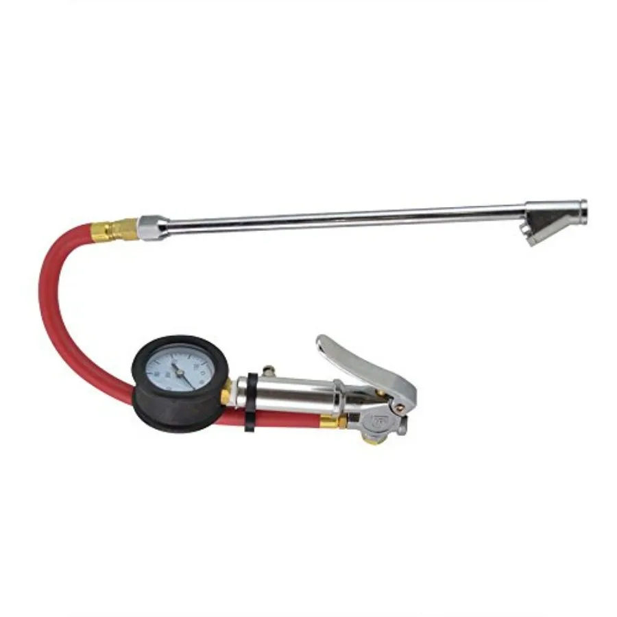 

Heavy Duty Dial Inflator 5-160 PSI with 12 Inch Rubber Hose Whipend and 11 Inch Straight-in Dual Foot Tilt-Lock Truck Inflator