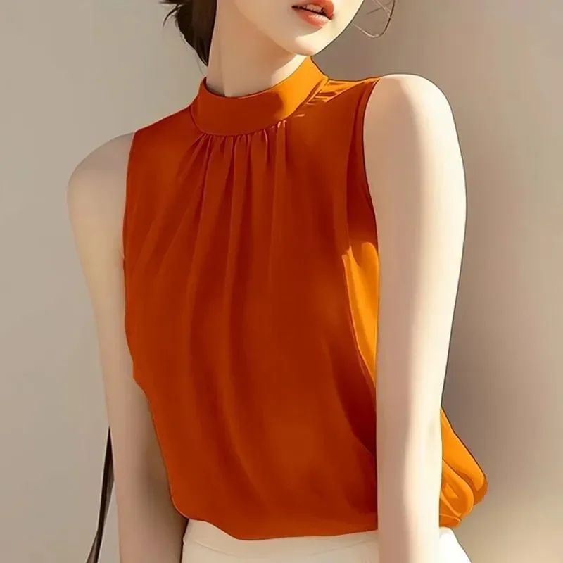 

Women Sleeveless Turtleneck Blouse Orange Pleated Solid Color Elegant Casual Summer Top