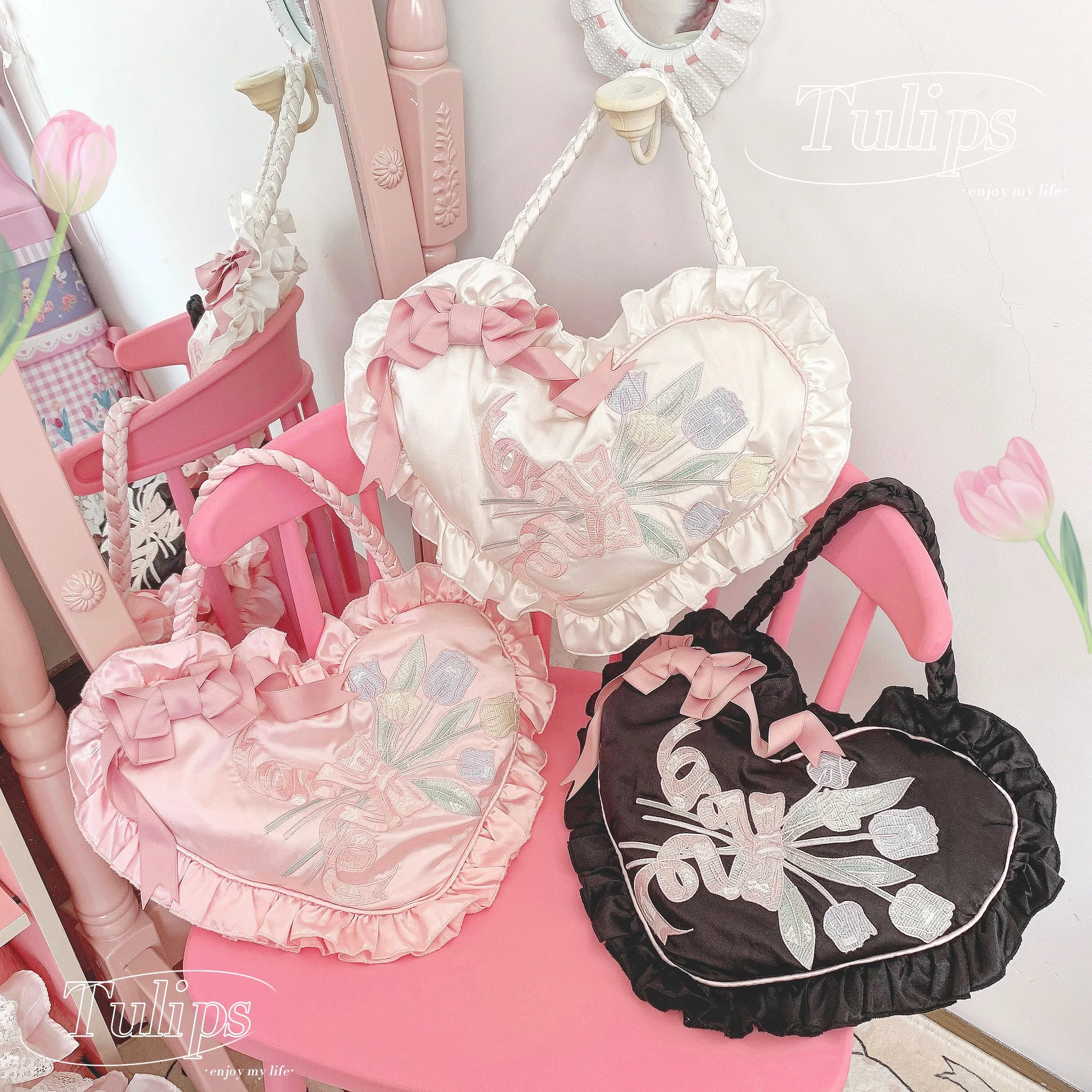 Japanese Lolita Pink Love Handbag Female Cute Sweet Girls Bow Embroidery Shoulder Bag Student Birthday Gift Tote Handbags