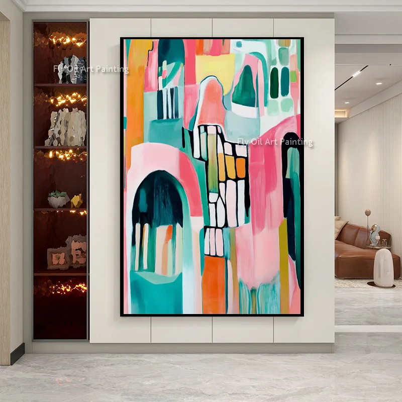 

Fashional Green And Pink Simplism Canvas Oil Painting Hand Drawn Large Home Wall Items Dark Yellow Pink Artwork As Gifts