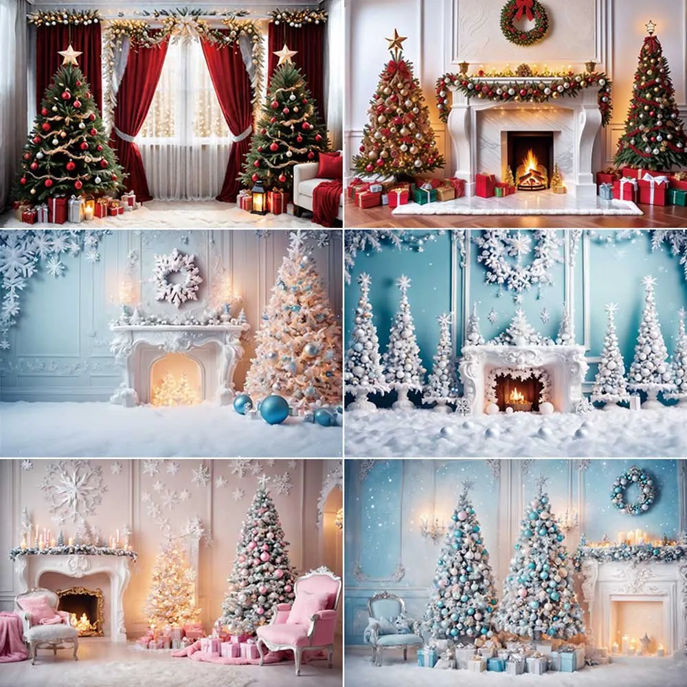 

MOON.QG Christmas Fireplace Photography Background Indoors 2025 Xmas Tree Photozone Backdrop Children Studio Photobooth Supplies