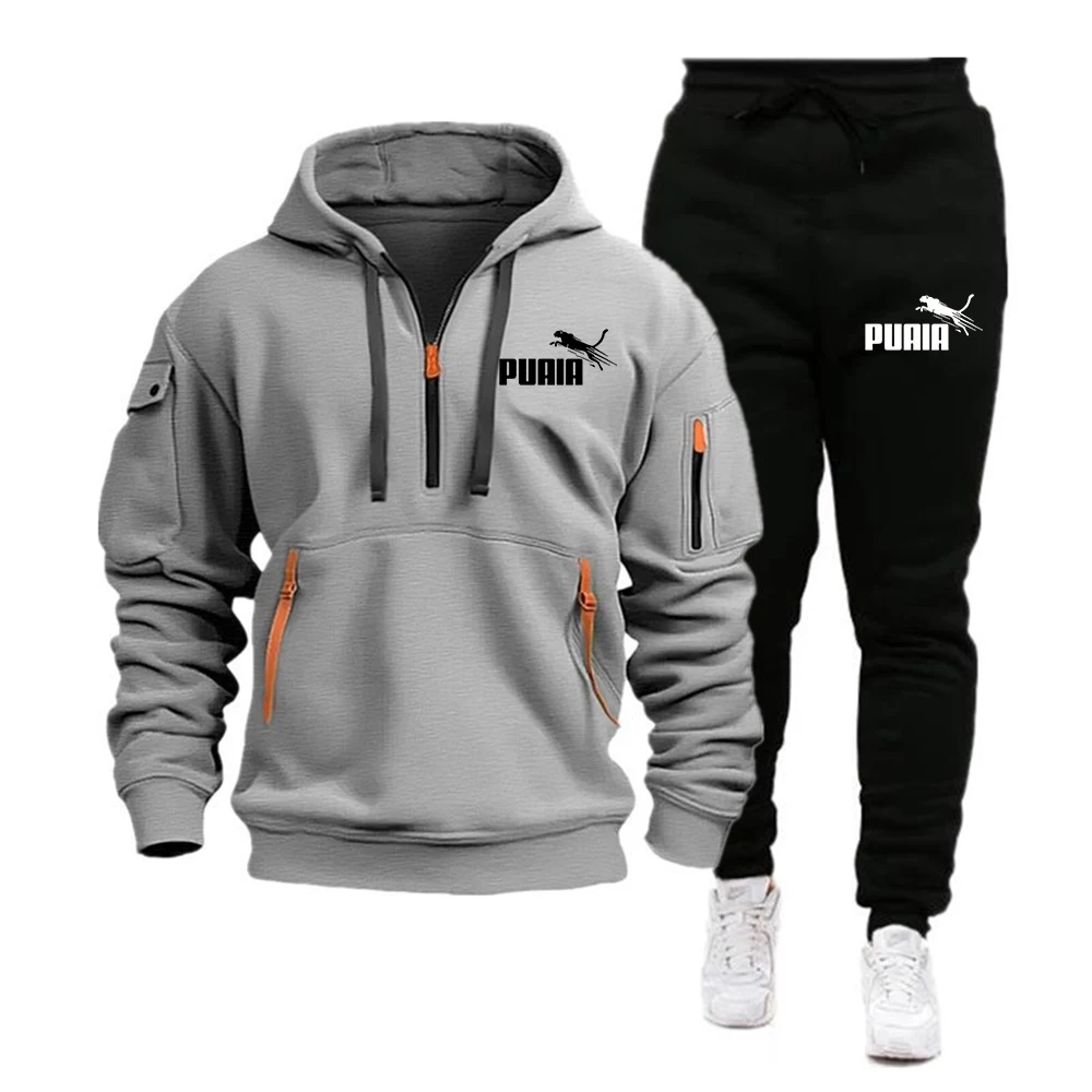 2024 New Men\'s Autumn Winter Puaia Sets Zipper Hoodie+Pants Pieces Casual Tracksuit Male Sportswear Brand Clothing Sweat Suit