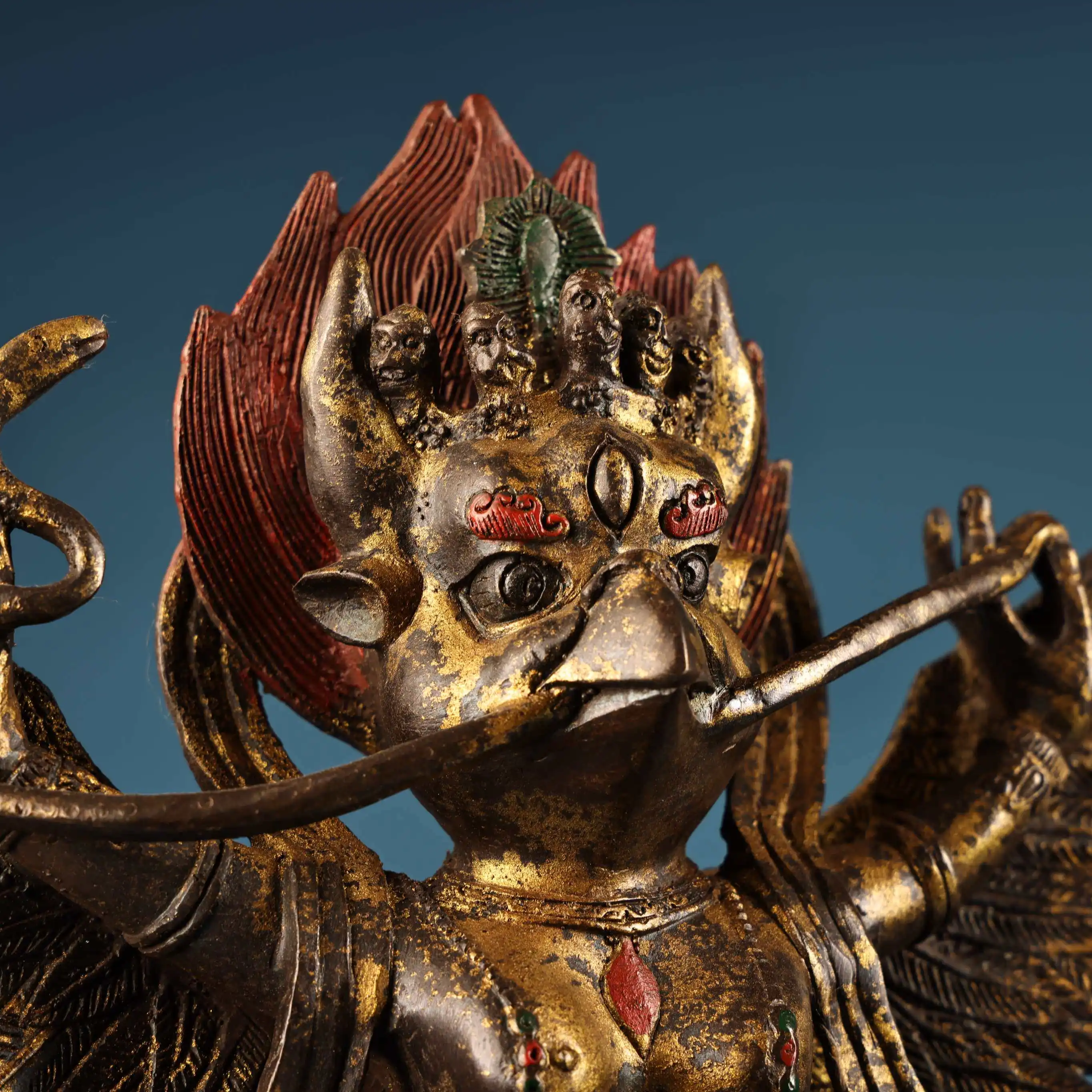 Tibetan High Relief Garuda Protector Statue Clay Gold 3D Carving Home Decor Collectible