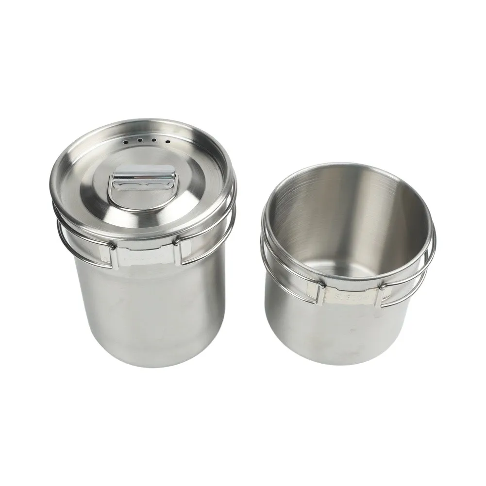 Compact and foldable two-piece camping pot made from 304 stainless steel for convenient outdoor cooking and travel