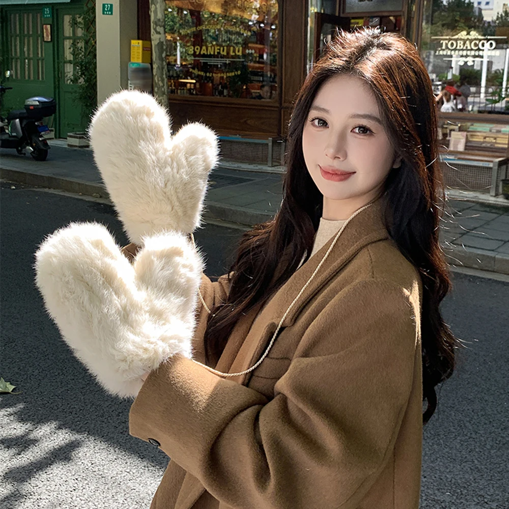 Women's Winter Real Rex Rabbit Fur Gloves Warm Thick Ladies Fur Mittens Elastic Girls Ski Glove Mitts Elastic Soft With String