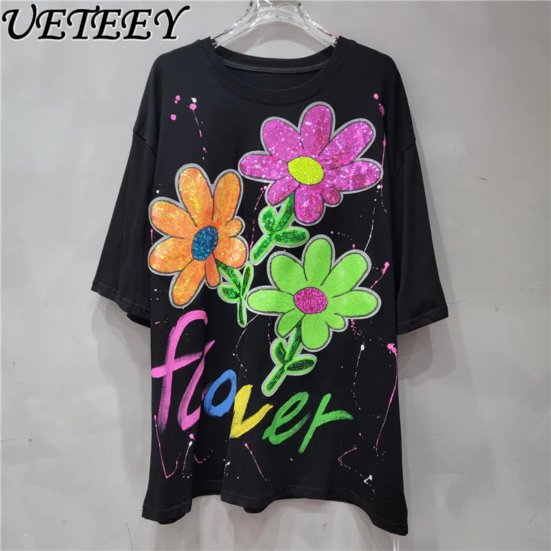 2024 Summer New White Round Neck Heavy Embroidery Sequins Tops Flower Hand Painted Graffiti Loose Short Sleeve T-shirt Female