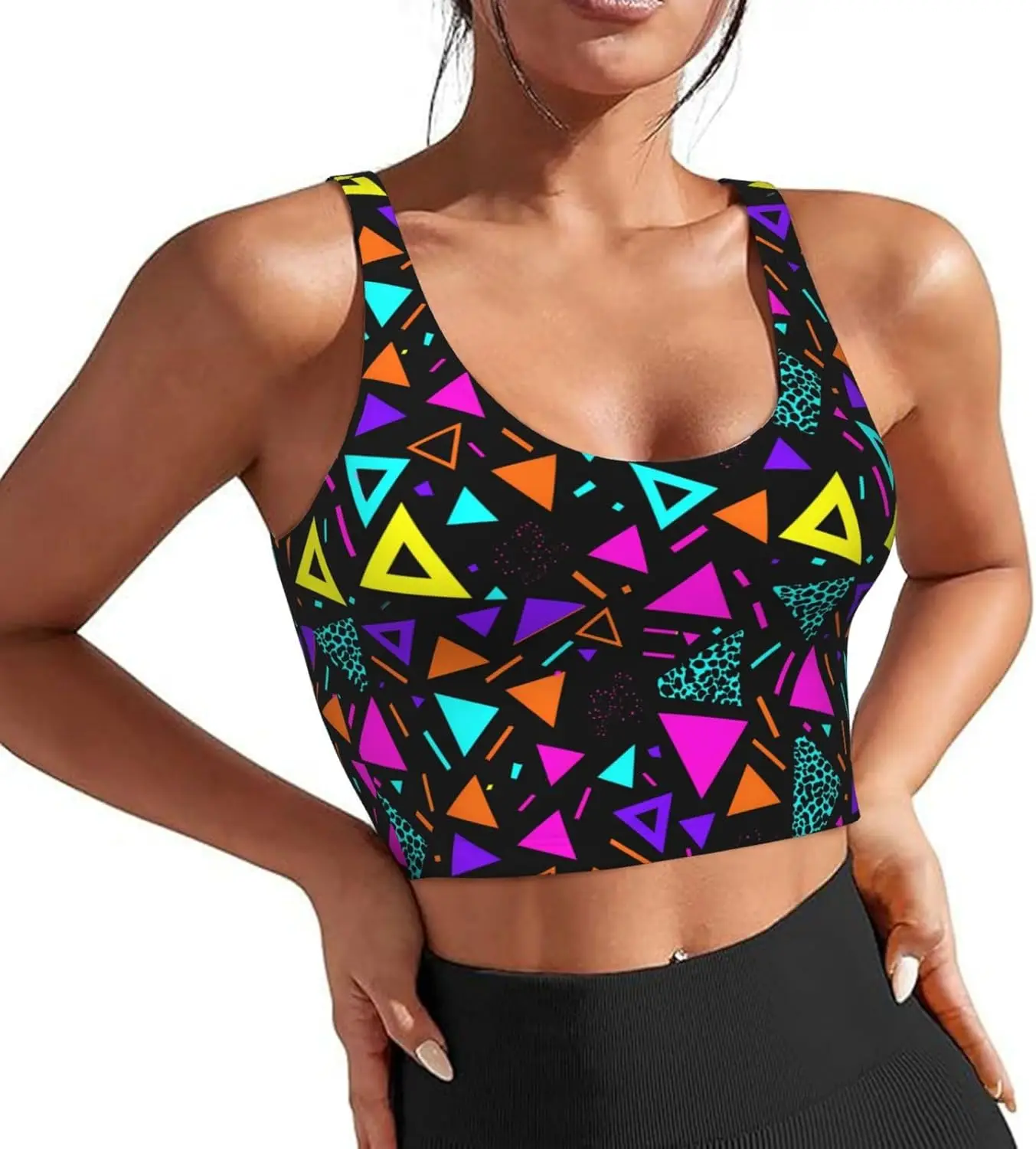 Geometric Sports Bras for Women Built in Bra Tank Tops Longline Wirefree Workout Running Bra with Removable Pads, Medium