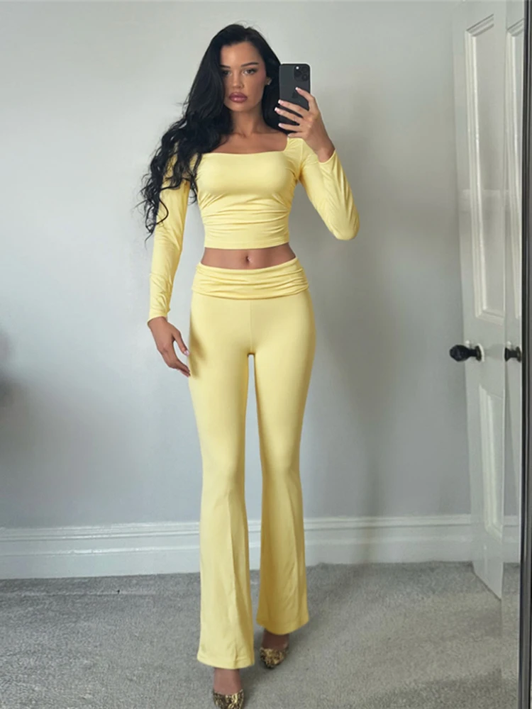 

Whatiwear Casual Tracksuit 2 Piece Set Women Simple Full Sleeve Crop Tops+Ruched Elastic Waist Pants Daily Sporty Fashion Suits