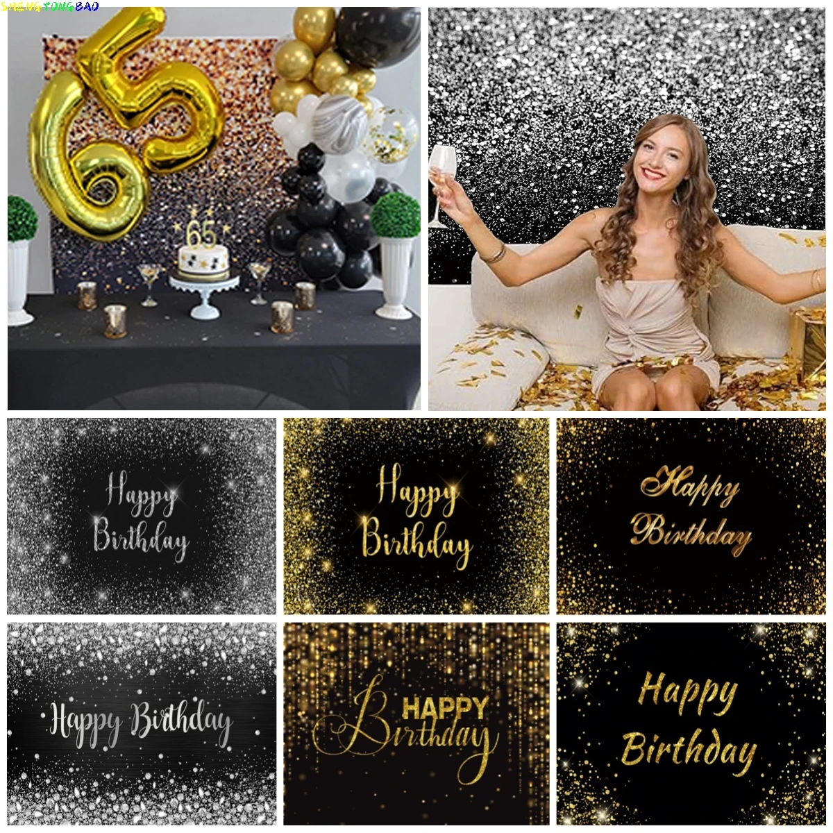 

Birthday Backdrop Banner Black Gold Glitter Spots Bokeh Birthday Anniversary Party Decoration Photography Background