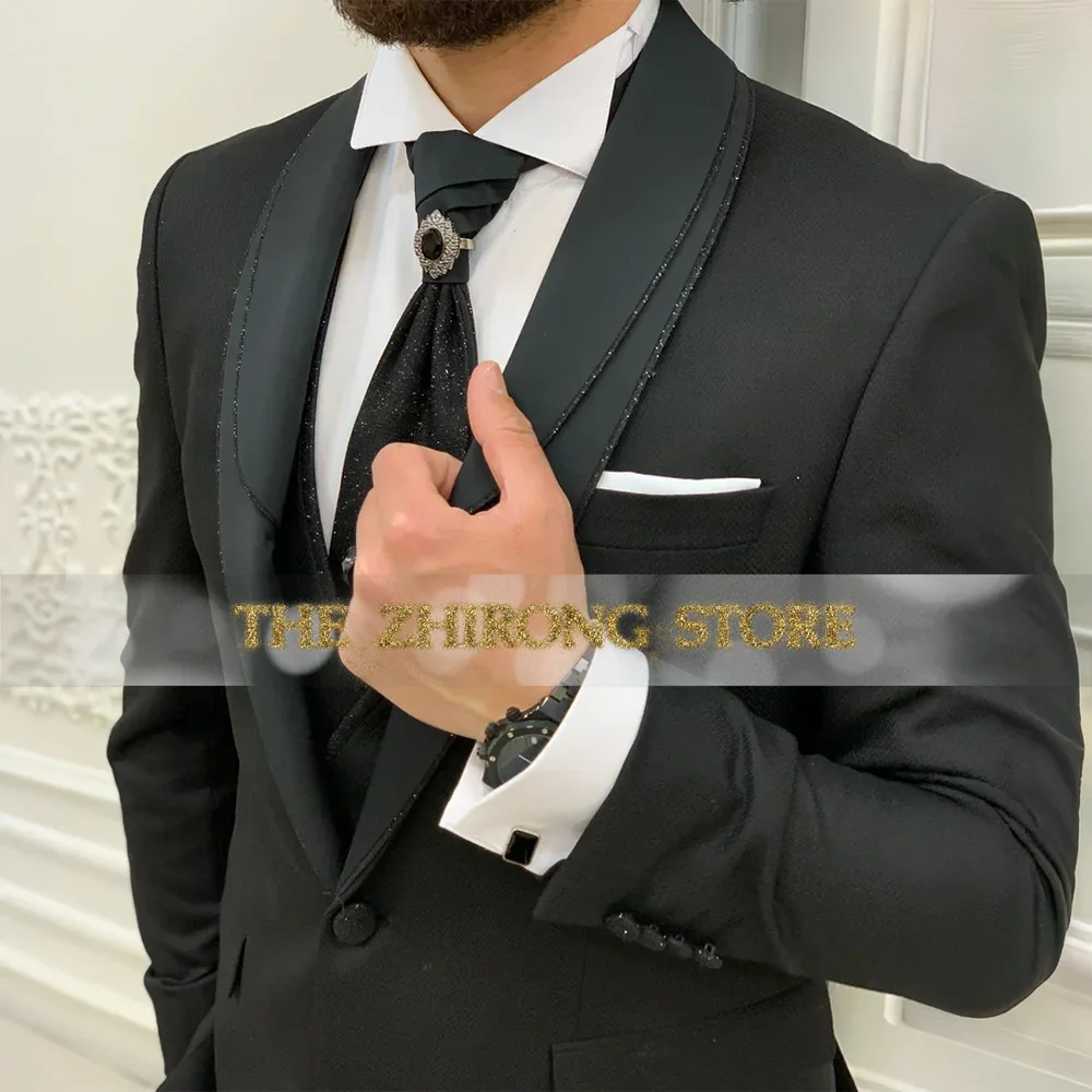

Premium Men's Suit 3pcs Black Shiny Shawl Lapel Jacket Vest Pants Slim Fit Tailored Tuxedo For Wedding Groom Cocktail Party