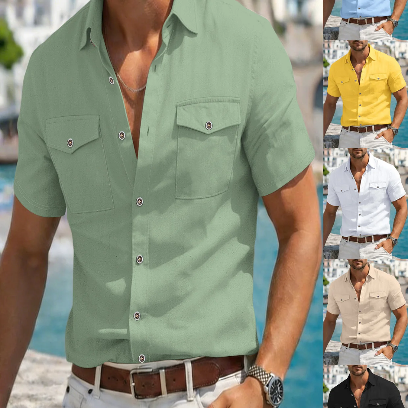 

Men's Linen Shirt Summer 2026 Fashion Double Pocket Workwear Style Color Short Sleeve Turn-down Collar Casual Loose Fit
