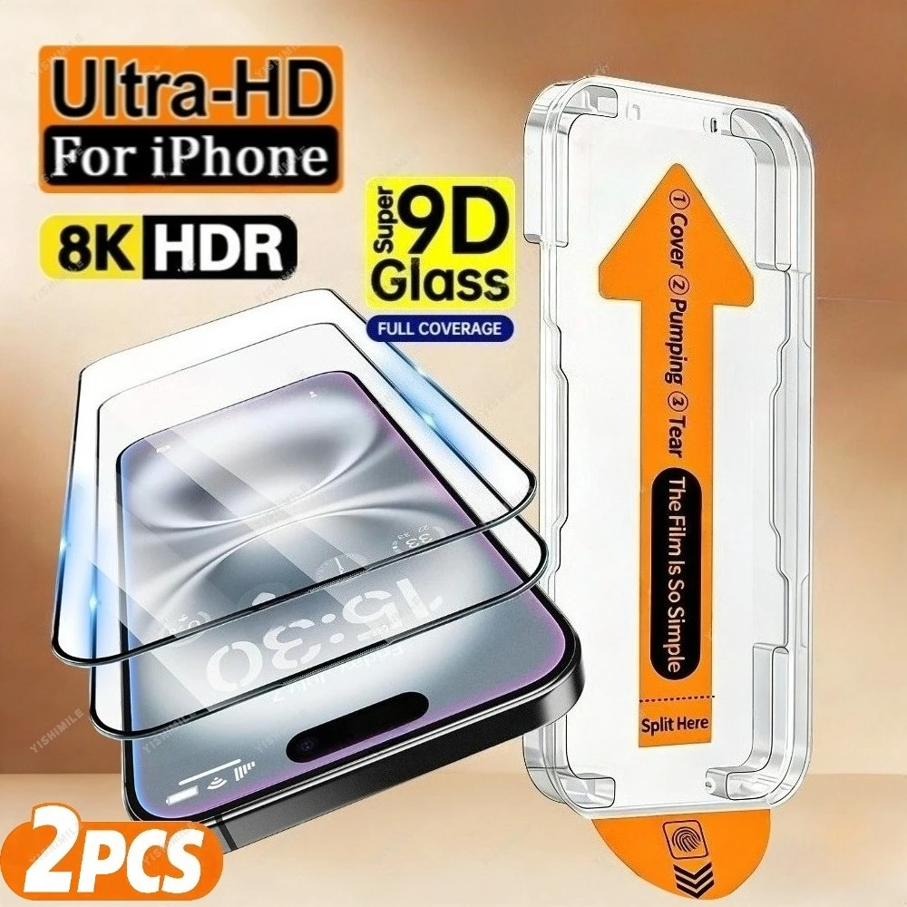 

2Pcs Ultra HD Full Screen Protector for iPhone 17 16 15 14 Pro Max Air 13 12 11 Pro Mini 16 15 Plus One Click Installation Glass