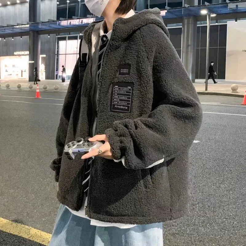 سترة رجالية من القطن مبطنة بفرو الحمل، سميكة وفضفاضة، أنيقة للخريف والشتاء، بأسلوب شبابي عصري، يمكن ارتداؤها على الوجهين