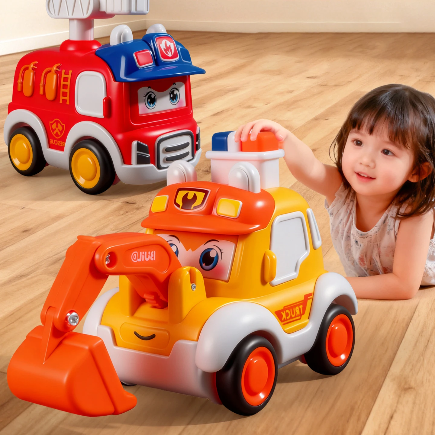 Children Small Car Creative Press Face Changing Car Cartoon Fire Engine/Ambulance Inertia Driving Excavator Pull Back Car Toy