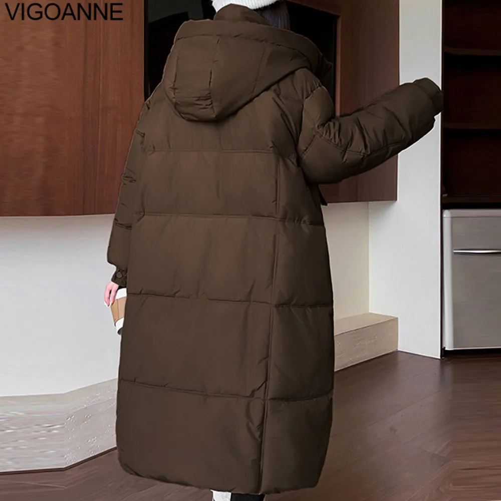 VigoAnne 2025 abrigo largo holgado liso con capucha para mujer, chaqueta coreana de invierno con bolsillo de manga larga y cremallera, prendas de vestir gruesas y cálidas para mujer