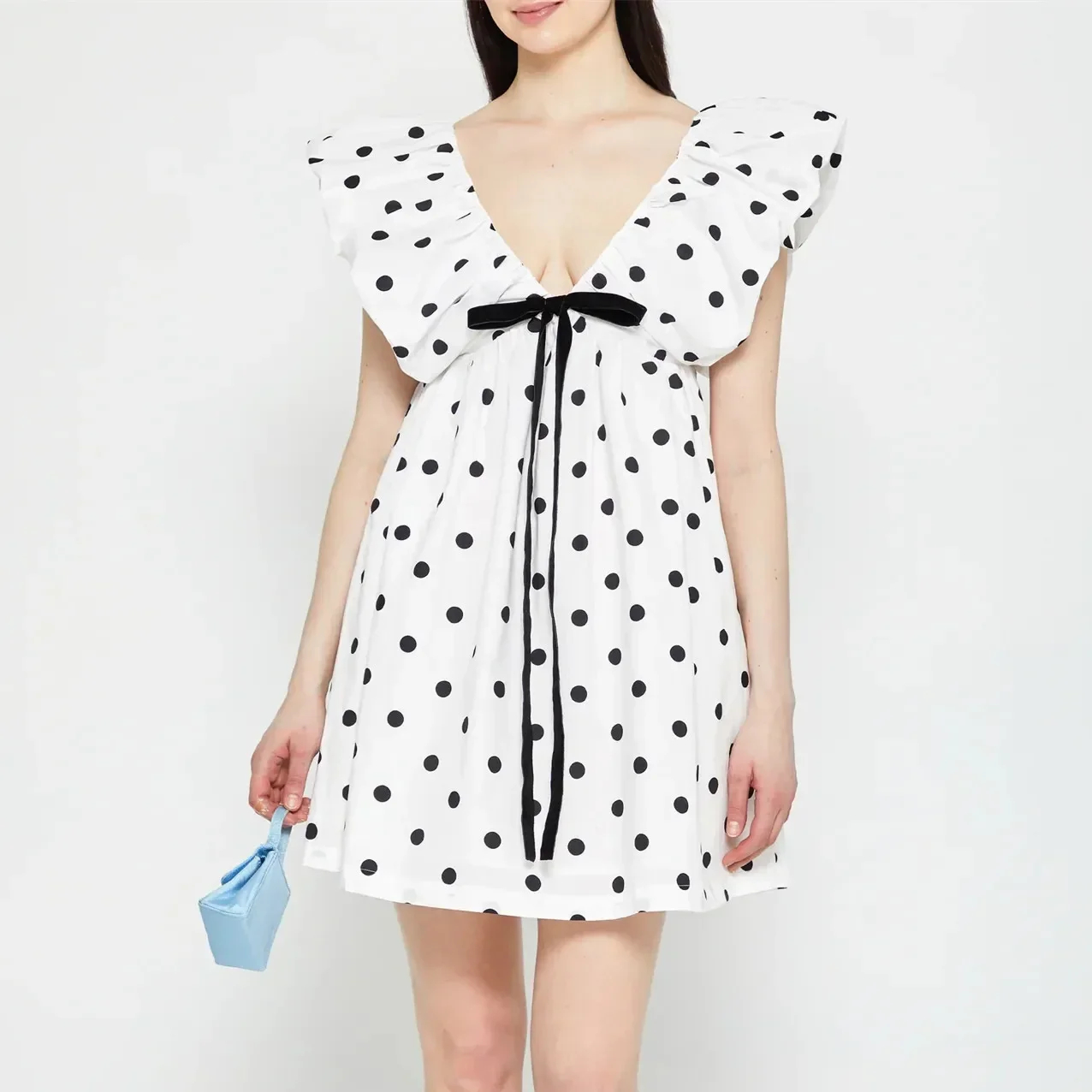 Y2k Vintage Summer Women Floral Print Mini Dress Boho V Neck Puff Sleeve Short Dress Bow Tie Flowy Dress Fashion Beach Sundress