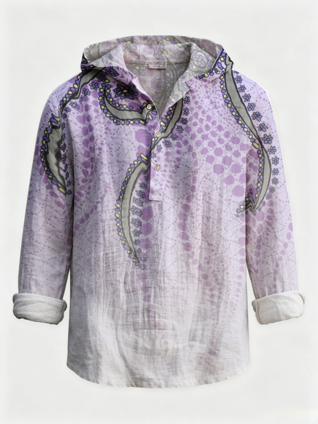 Men Bohemian Paisley Floral Gradient Hooded Henley Shirt Long Sleeve Half‑Button Placket Loose Fit Casual Vacation Beach Tops