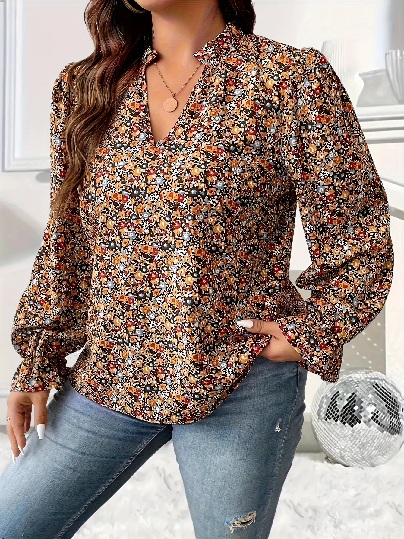 

Plus Size 1XL-5XL Women's Fashion Ditsy Floral Print Flounce Sleeve Blouse Women Fashion V-neck Long Sleeved Shirt
