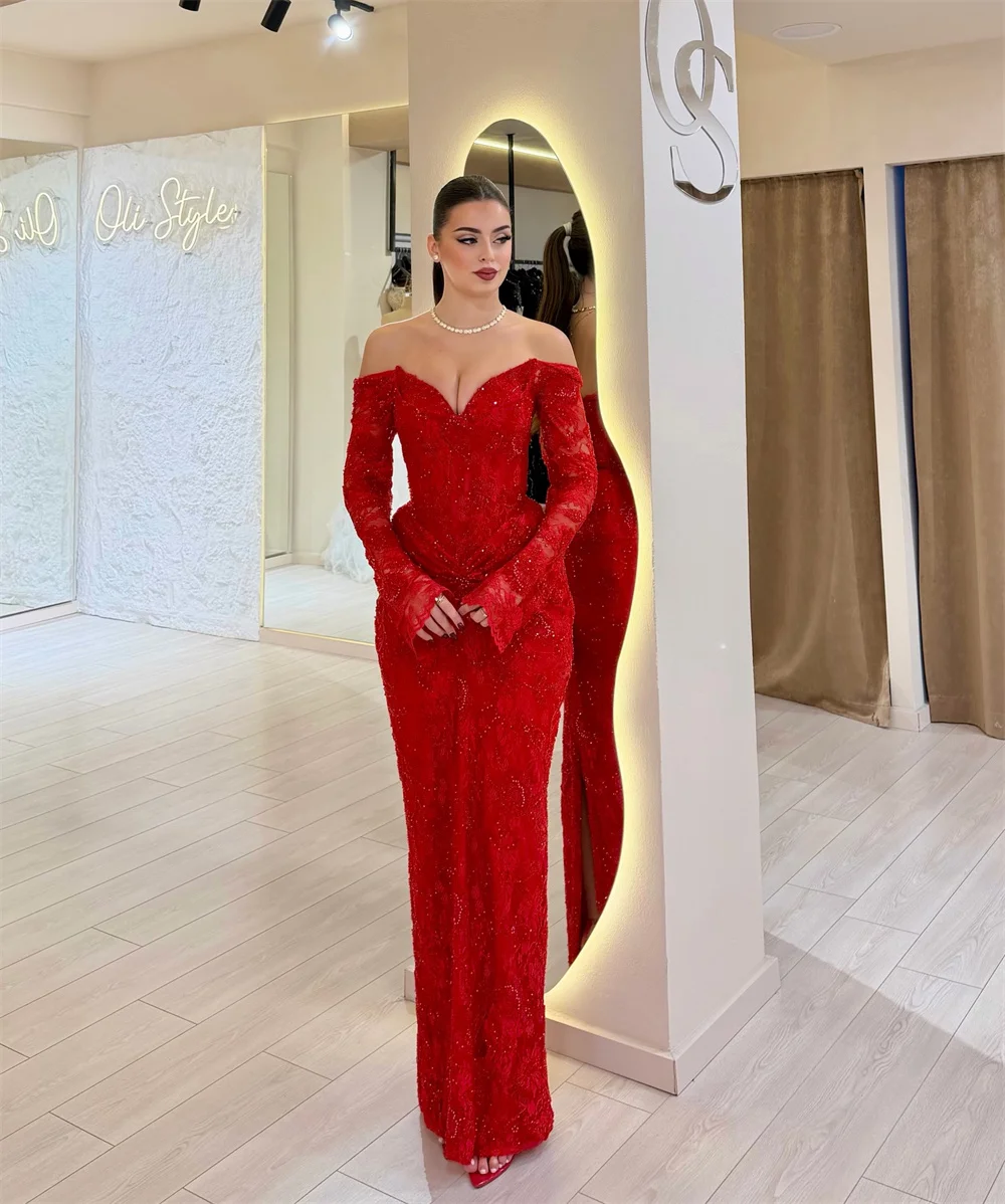 Cathy Aangepaste Rode Prachtige Kant Zeemeermin Prom Dress Uit De Schouder Lange Mouwen vestidos de noiva Vloerlengte Formele 2025