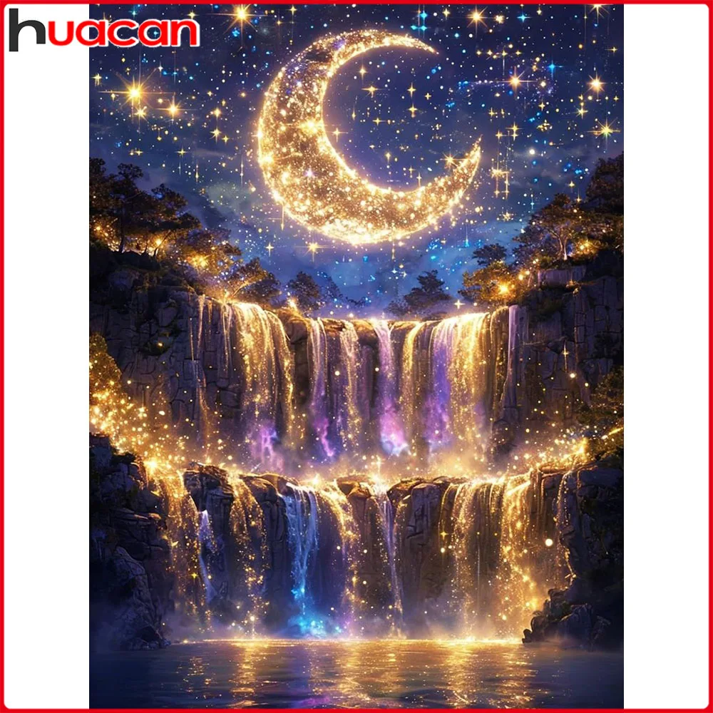 Huacan 5D-Diamantgemälde zum Selbermachen, Mond, Wasserfall, Diamant-Mosaik, Landschaft, neue Kollektion 2025, dekorative Gemälde