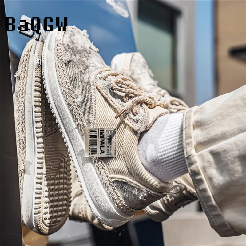 

Thick Sole Frayed Distressed Denim Color Block Braided Rope Lace-up Vintage Fashion Platform Sneakers Casual Breathable Shoes